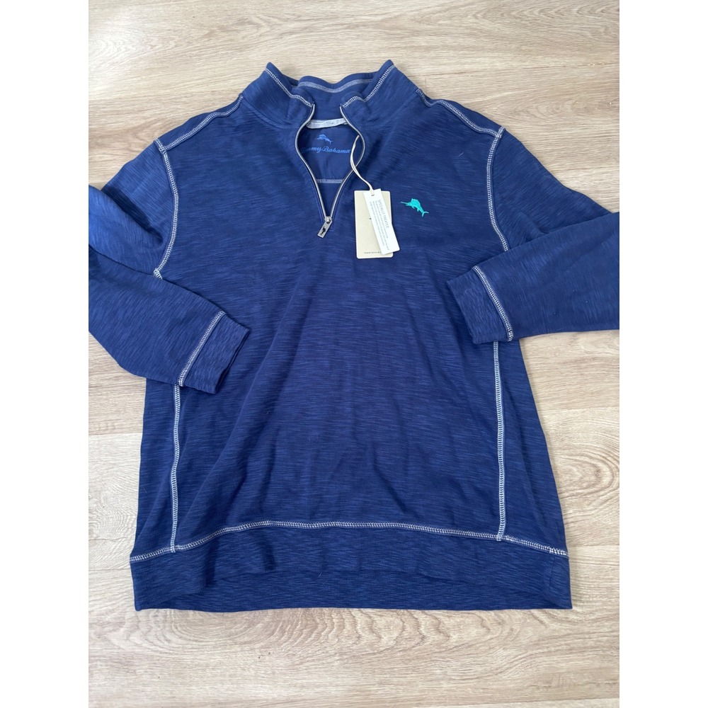 Tommy Bahama Mens Blue Slub Knit Quarter Zip Pullover Marlin Logo XL NWT
